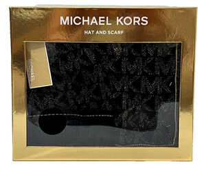 Michael Kors 2 Piece Set Hat and Scarf Black and Gold MK Logo NIB MSRP $98